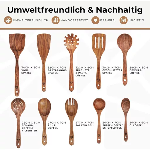 Set de ustensile de bucătărie din lemn Woodenhouse, 10 piese, lemn de tec - Polonic, spatulă, ustensile de bucătărie pentru vase antiaderente - Natural, fără BPA