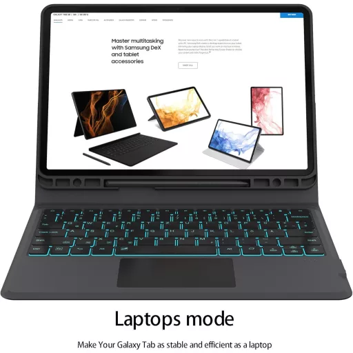 Husă cu Tastatură ROOFEI pentru Tabletă Samsung Galaxy Tab S7 FE/S8+/S7+ 12.4" - QWERTZ, 7 Culori Iluminare Fundal, Suport, Suport S Pen