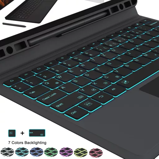 Husă cu Tastatură ROOFEI pentru Tabletă Samsung Galaxy Tab S7 FE/S8+/S7+ 12.4" - QWERTZ, 7 Culori Iluminare Fundal, Suport, Suport S Pen