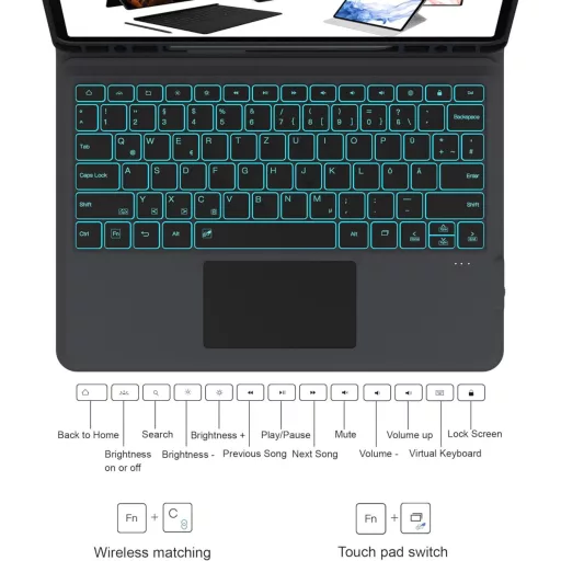 ROOFEI Billentyűzetes Tok Samsung Galaxy Tab S7 FE/S8+/S7+ 12,4" Tablethez - QWERTZ, 7 Színű Háttérvilágítás, Állvány, S Pen Tartó