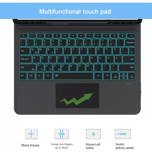 ROOFEI Billentyűzetes Tok Samsung Galaxy Tab S7 FE/S8+/S7+ 12,4" Tablethez - QWERTZ, 7 Színű Háttérvilágítás, Állvány, S Pen Tartó