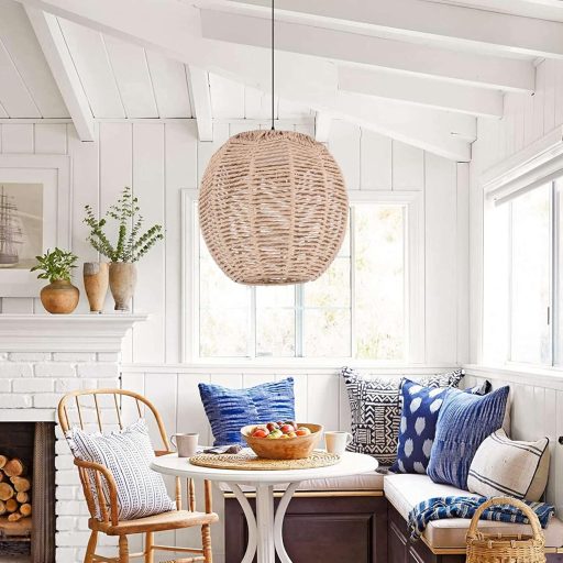 Lazycloud Abajur Rattan Împletit Manual Maro Retro Sticlă de Lustră Rotundă Decorativă Iluminat 15cm