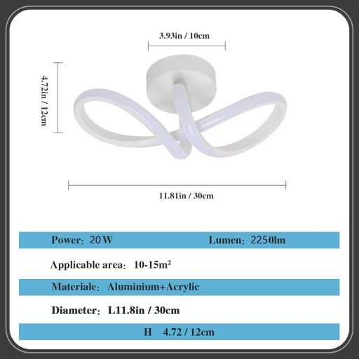 DAXGD Lampă de plafon LED modernă, 20W, design curbat, pentru dormitor, living, bucătărie