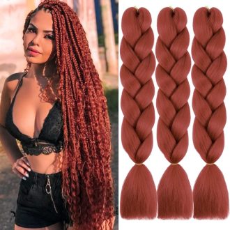   PORSMEER Jumbo Súprava na zapletanie vlasov – 3 ks Syntetické predlžovanie vlasov Kanekalon 60 cm/100g – Tepelne odolné Ombre na zapletanie, Afro copy – Auburn