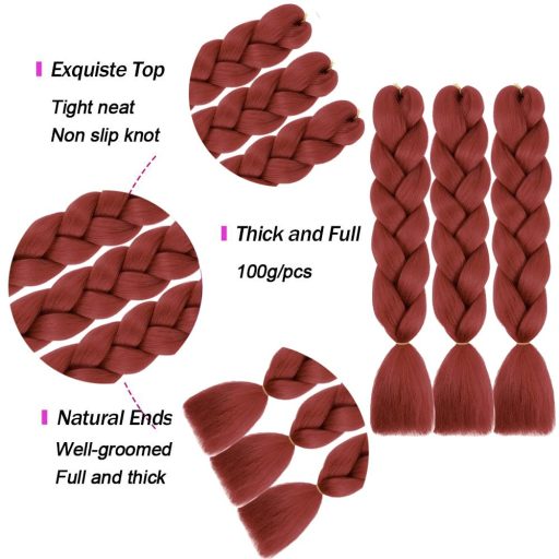 PORSMEER Jumbo Súprava na zapletanie vlasov – 3 ks Syntetické predlžovanie vlasov Kanekalon 60 cm/100g – Tepelne odolné Ombre na zapletanie, Afro copy – Auburn