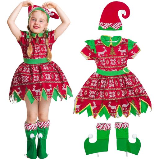 IKALI Karácsonyi Manó Jelmez Lányoknak - Sapkával és Cipővel, 3-4 Éveseknek