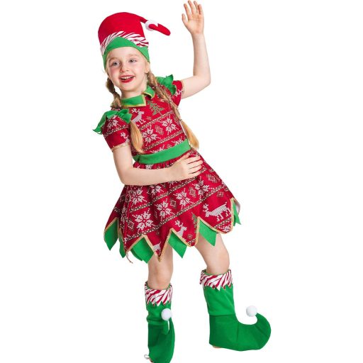 IKALI Karácsonyi Manó Jelmez Lányoknak - Sapkával és Cipővel, 3-4 Éveseknek