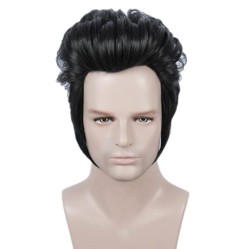 Linfairy Čierna krátka parochňa s dozadu učesanými vlasmi a okuliarmi na halloweensky kostým pre mužov