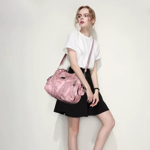 Geantă de umăr de damă Angel Kiss, impermeabilă, din piele sintetică multifuncțională, roz, cu fermoar