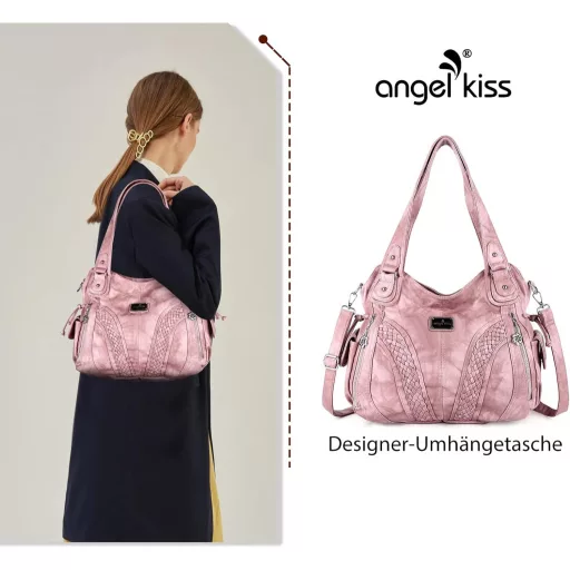 Geantă de umăr de damă Angel Kiss, impermeabilă, din piele sintetică multifuncțională, roz, cu fermoar