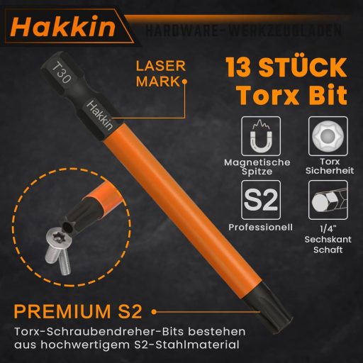 Hakkin 13 részes Torx bit készlet 75mm mágneses csavarhúzó S2 acél