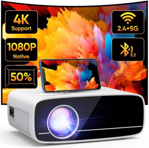 AKATUO 4K Támogatott Hordozható Projektor, Natív 1080P Felbontás, 15000L Fényerő, 5G WiFi, Bluetooth 5.2, 50% Zoom, Otthoni Mozi és Kültéri 