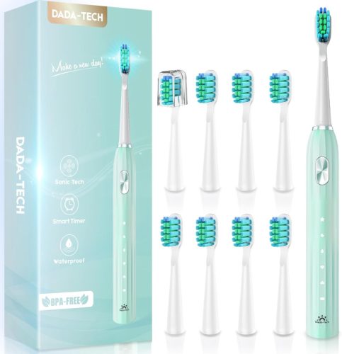 Periuță de dinți electrică DADA-TECH - Tehnologie sonică, 5 moduri de curățare, cronometru, 9 capete de periuță, pentru adulți și copii (Verde)
