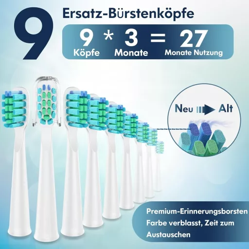 Periuță de dinți electrică DADA-TECH - Tehnologie sonică, 5 moduri de curățare, cronometru, 9 capete de periuță, pentru adulți și copii (Verde)