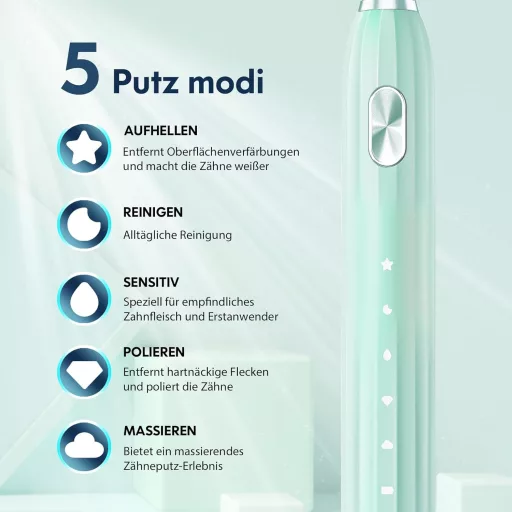 Periuță de dinți electrică DADA-TECH - Tehnologie sonică, 5 moduri de curățare, cronometru, 9 capete de periuță, pentru adulți și copii (Verde)