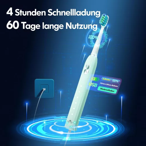 Periuță de dinți electrică DADA-TECH - Tehnologie sonică, 5 moduri de curățare, cronometru, 9 capete de periuță, pentru adulți și copii (Verde)