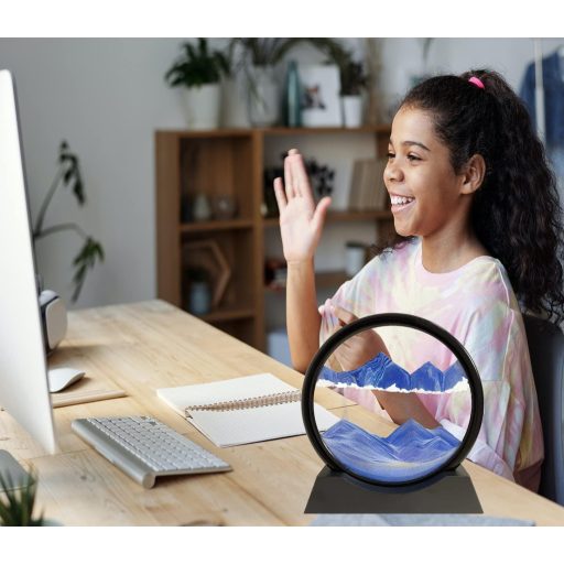 SANDCLE 3D Homokképek Forgó Kerek Üvegkerettel, Mozgó Homokművészet Kék Tájkép 18cm