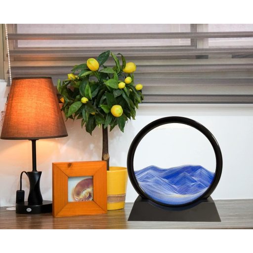 SANDCLE 3D Homokképek Forgó Kerek Üvegkerettel, Mozgó Homokművészet Kék Tájkép 18cm