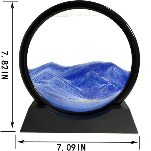 SANDCLE 3D Homokképek Forgó Kerek Üvegkerettel, Mozgó Homokművészet Kék Tájkép 18cm