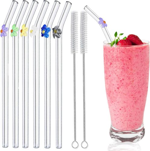 Sunwuun Virágmintás Üveg Szívószálak - 6 db Hajlított, Újrahasználható, Hőálló Üveg Ivószál 2 Tisztítókefével - Koktélokhoz, Smoothie-khoz