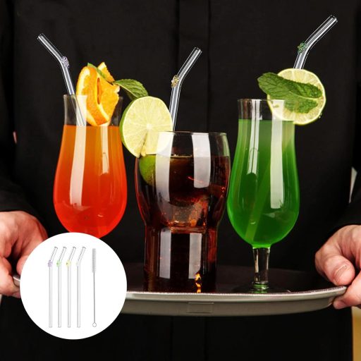 Sunwuun Staklene slamke s cvjetnim uzorkom - 6 komada Savijene, višekratne, toplinski otporne staklene slamke s 2 četke za čišćenje - Za koktele i smoothieje