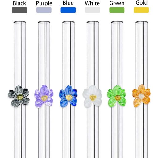 Sunwuun Staklene slamke s cvjetnim uzorkom - 6 komada Savijene, višekratne, toplinski otporne staklene slamke s 2 četke za čišćenje - Za koktele i smoothieje