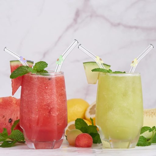 Sunwuun Staklene slamke s cvjetnim uzorkom - 6 komada Savijene, višekratne, toplinski otporne staklene slamke s 2 četke za čišćenje - Za koktele i smoothieje