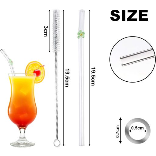 Sunwuun Staklene slamke s cvjetnim uzorkom - 6 komada Savijene, višekratne, toplinski otporne staklene slamke s 2 četke za čišćenje - Za koktele i smoothieje