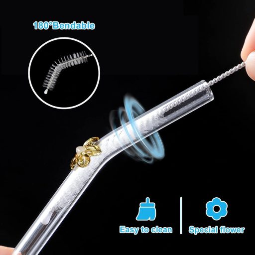 Sunwuun Virágmintás Üveg Szívószálak - 6 db Hajlított, Újrahasználható, Hőálló Üveg Ivószál 2 Tisztítókefével - Koktélokhoz, Smoothie-khoz