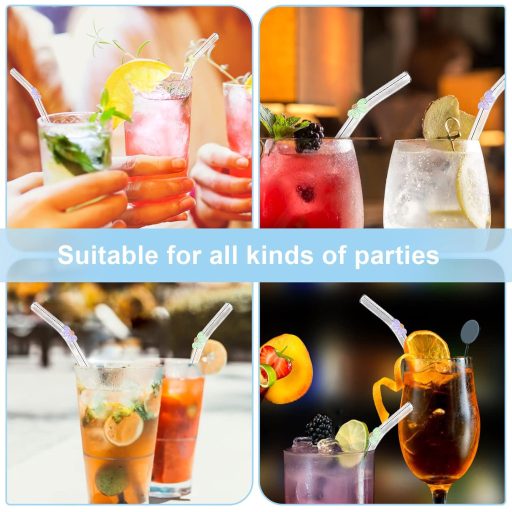 Sunwuun Virágmintás Üveg Szívószálak - 6 db Hajlított, Újrahasználható, Hőálló Üveg Ivószál 2 Tisztítókefével - Koktélokhoz, Smoothie-khoz