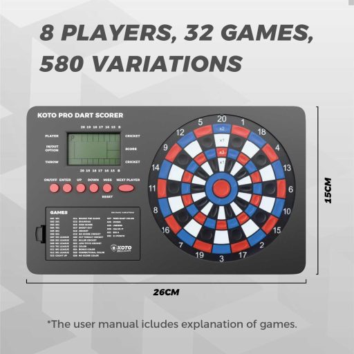 Dispozitiv electronic pentru scor darts KOTO Pro cu 32 de jocuri, pentru 8 jucători, cu montare pe perete