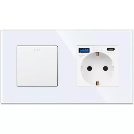 JIMEIDA Fehér Villanykapcsoló USB Aljzattal, USB-A és Type-C Porttal, 3.1A, Üveglappal