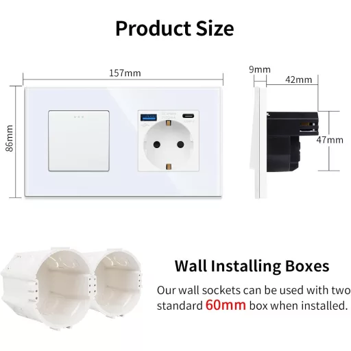 JIMEIDA Fehér Villanykapcsoló USB Aljzattal, USB-A és Type-C Porttal, 3.1A, Üveglappal