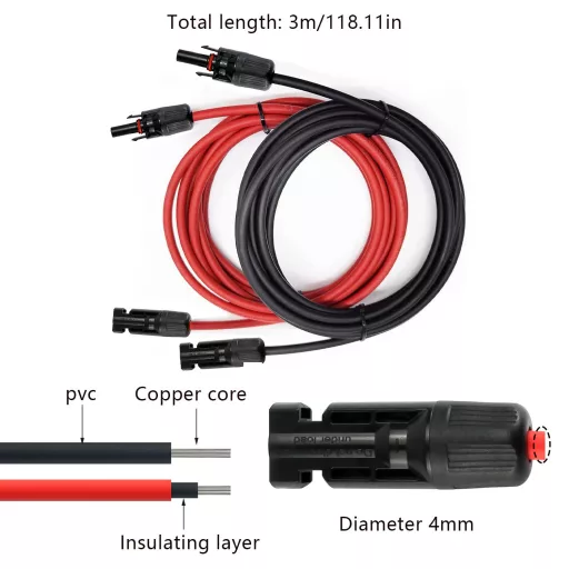 Cablu prelungitor solar YYWEi 4 mm², 3 m - Conector etanș IP67, 1800V 50A, pereche negru-roșu, pentru panouri solare și controler de încărcare