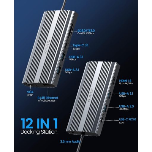 Docking station USB-C 12 în 1 ORICO, 4K HDMI, VGA, 100W PD, 5 porturi, Ethernet