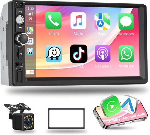 Podofo 2DIN Autórádió 7" Érintőképernyővel - CarPlay és Android Kompatibilis, Bluetooth, Tolatókamera, Kormányvezérlés, FM, USB, Színes Vilá
