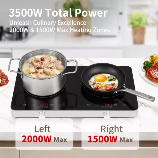 COOKTRON Dupla Indukciós Főzőlap 3500W - 2 Zónás Hordozható Tűzhely Érintésvezérléssel, 10 Hőfokszinttel és Időzítővel, Otthoni és Kempingez