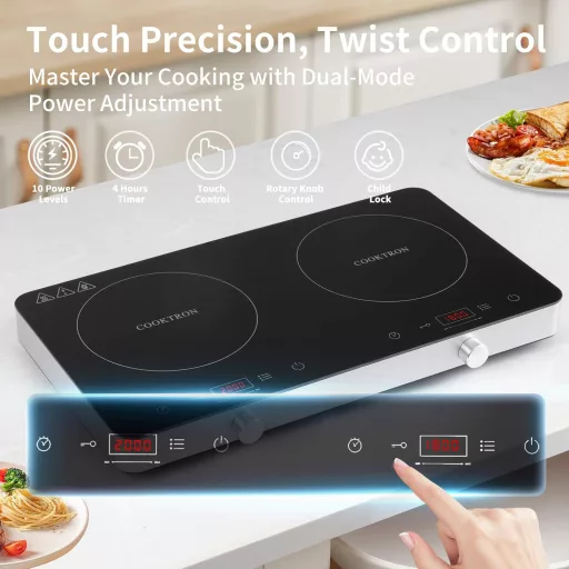 COOKTRON Dupla Indukciós Főzőlap 3500W - 2 Zónás Hordozható Tűzhely Érintésvezérléssel, 10 Hőfokszinttel és Időzítővel, Otthoni és Kempingez