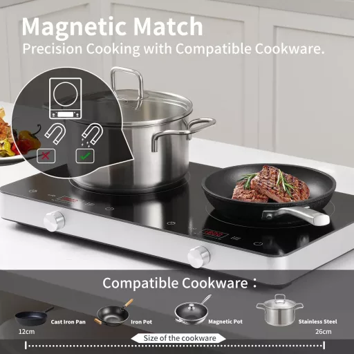 Plită cu inducție dublă COOKTRON 3500W - Plită portabilă cu 2 zone, control tactil, 10 niveluri de temperatură și temporizator, pentru acasă și camping.