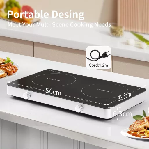 COOKTRON Dupla Indukciós Főzőlap 3500W - 2 Zónás Hordozható Tűzhely Érintésvezérléssel, 10 Hőfokszinttel és Időzítővel, Otthoni és Kempingez