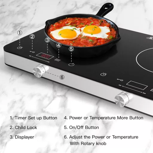 COOKTRON Dupla Indukciós Főzőlap 3500W - 2 Zónás Hordozható Tűzhely Érintésvezérléssel, 10 Hőfokszinttel és Időzítővel, Otthoni és Kempingez