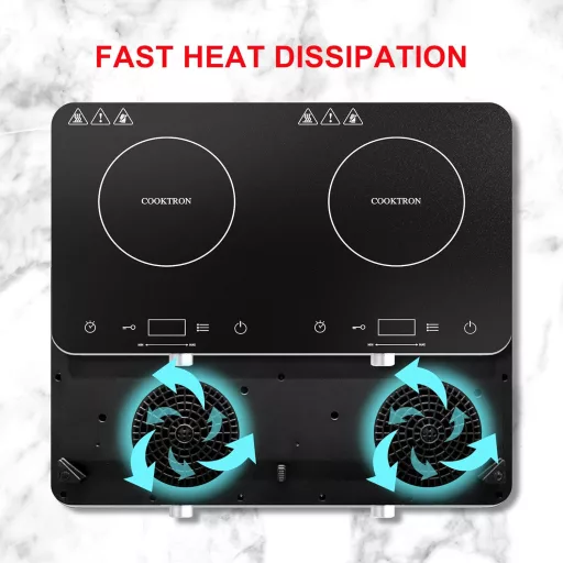 Plită cu inducție dublă COOKTRON 3500W - Plită portabilă cu 2 zone, control tactil, 10 niveluri de temperatură și temporizator, pentru acasă și camping.