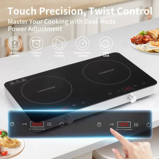 COOKTRON Dupla Indukciós Főzőlap 3500W - 2 Zónás Hordozható Tűzhely Érintésvezérléssel, 10 Hőfokszinttel és Időzítővel, Otthoni és Kempingez