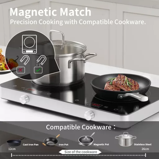 COOKTRON Dupla Indukciós Főzőlap 3500W - 2 Zónás Hordozható Tűzhely Érintésvezérléssel, 10 Hőfokszinttel és Időzítővel, Otthoni és Kempingez