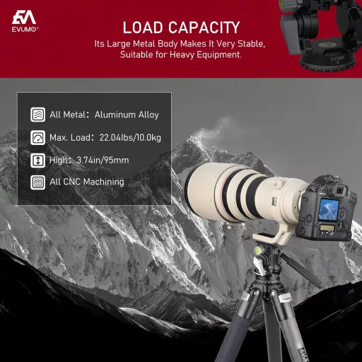EVUMO Tripod Kamerafej - 360° Panoráma Videófej Gyorskioldó Talppal, GoPro, DSLR és Kamerák Számára, 10kg Teherbírás, Állítható Fogantyú, 47