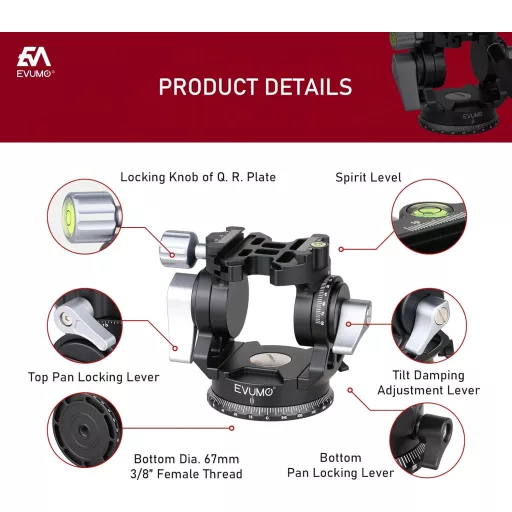 EVUMO Tripod Kamerafej - 360° Panoráma Videófej Gyorskioldó Talppal, GoPro, DSLR és Kamerák Számára, 10kg Teherbírás, Állítható Fogantyú, 47