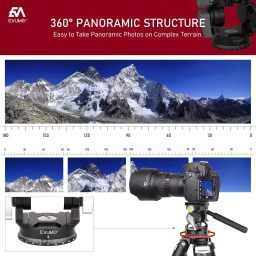 EVUMO Hlava pre statív - 360° Panoramatická video hlava s rýchloupínacou doštičkou, pre GoPro, DSLR a kamery, nosnosť 10 kg, nastaviteľná rukoväť, 47