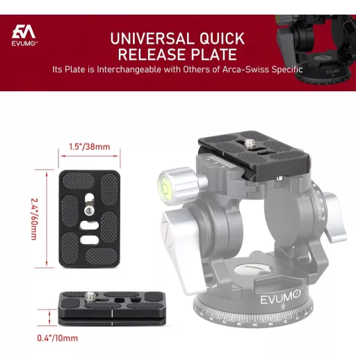 EVUMO Hlava pre statív - 360° Panoramatická video hlava s rýchloupínacou doštičkou, pre GoPro, DSLR a kamery, nosnosť 10 kg, nastaviteľná rukoväť, 47