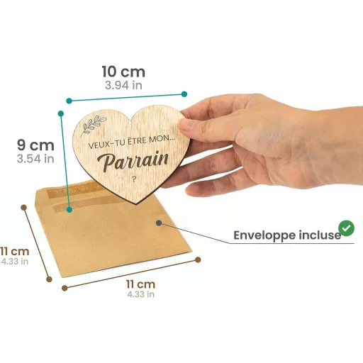 CONTRAXT Keresztszülő Felkérő Ajándék - Fa Szív Kártya Szett Borítékkal - Egyedi Keresztelő vagy Esküvői Tanú Felkérés - Kézműves Minőség