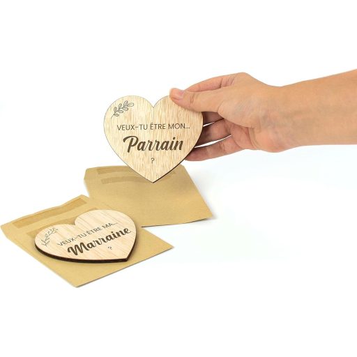 CONTRAXT Poklon za kumu/kuma – Drveno srce s kuvertom – Unikatni poziv za krštenje ili vjenčanog kuma/kumu – Ručna izrada